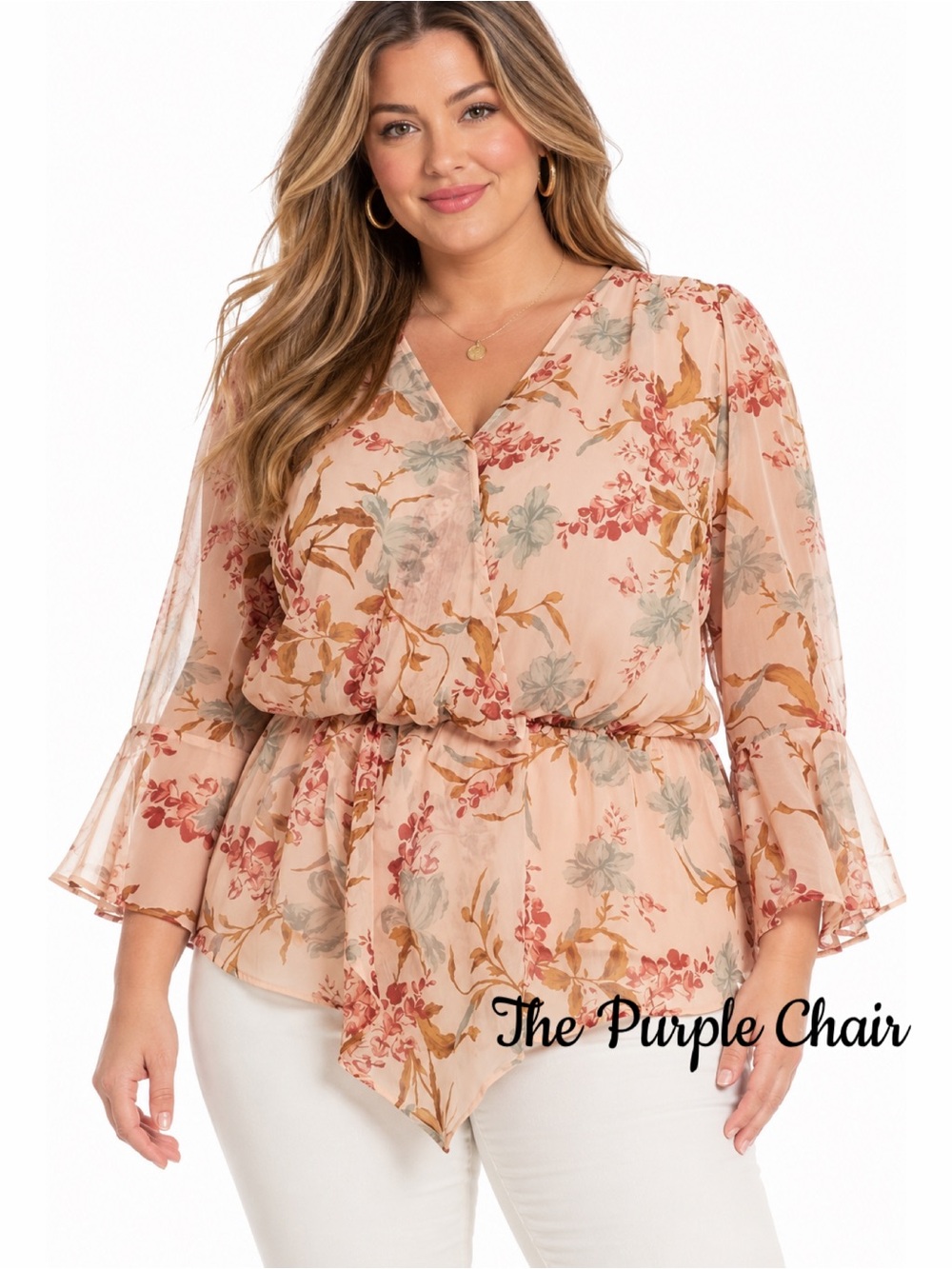 VINCE CAMUTO NWT Boho Peach Floral Surplice Asymmetrical Hem Blouse 1X